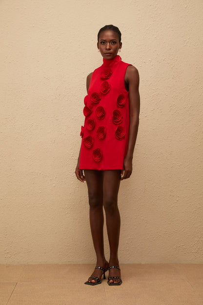 Ysandre Red Rose Appliqué Mini Dress