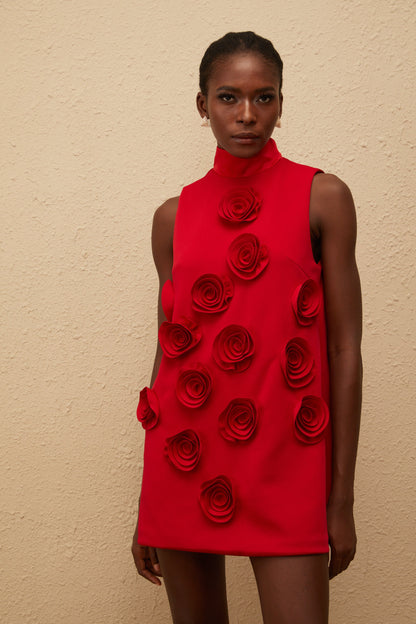 Ysandre Red Rose Appliqué Mini Dress