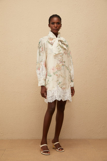 Isabelle Neutral Lace Trim Floral Mini Dress