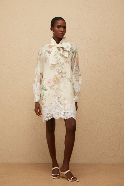 Isabelle Neutral Lace Trim Floral Mini Dress
