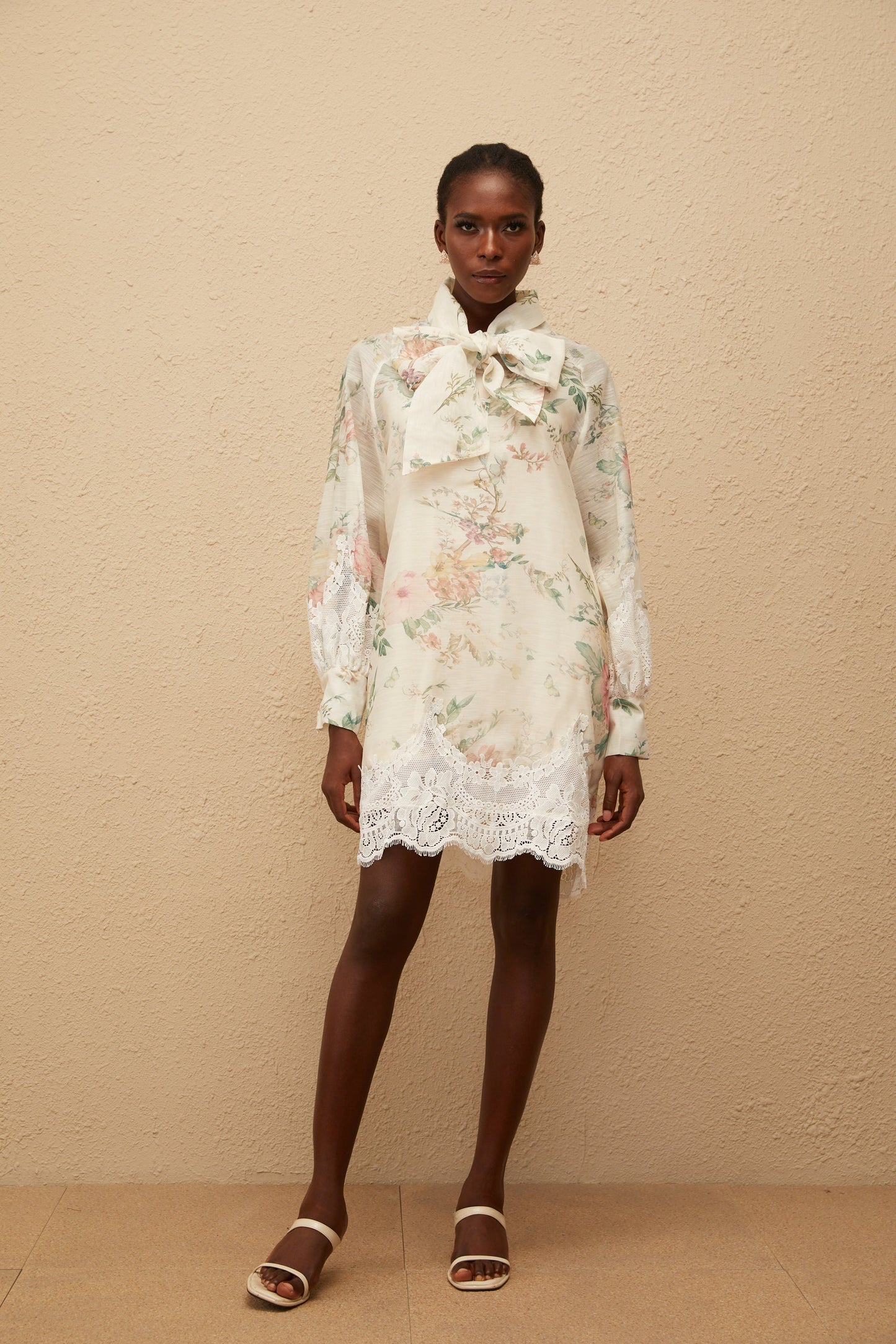 Isabelle Neutral Lace Trim Floral Mini Dress