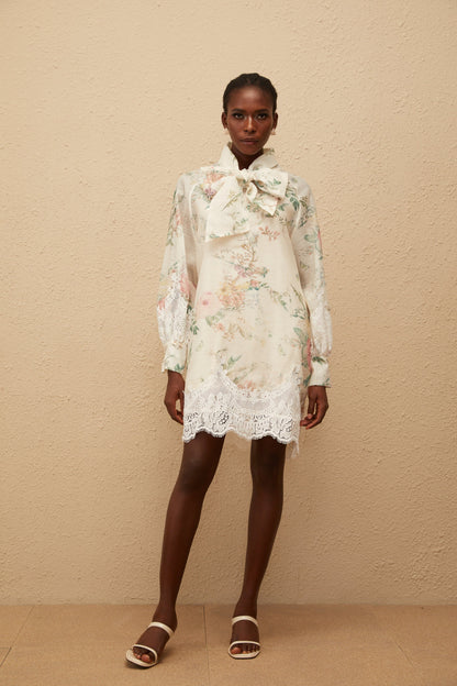 Isabelle Neutral Lace Trim Floral Mini Dress