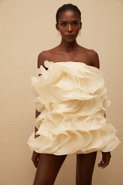 Ruby White 3D Petal Layered Mini Dress