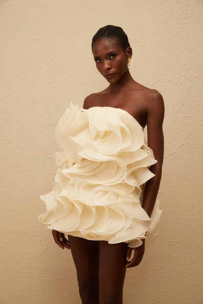 Ruby White 3D Petal Layered Mini Dress