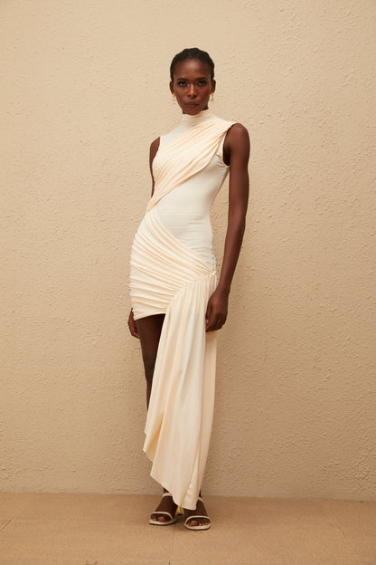 Géraldine Neutral Asymmetrical Ruched Mini Dress