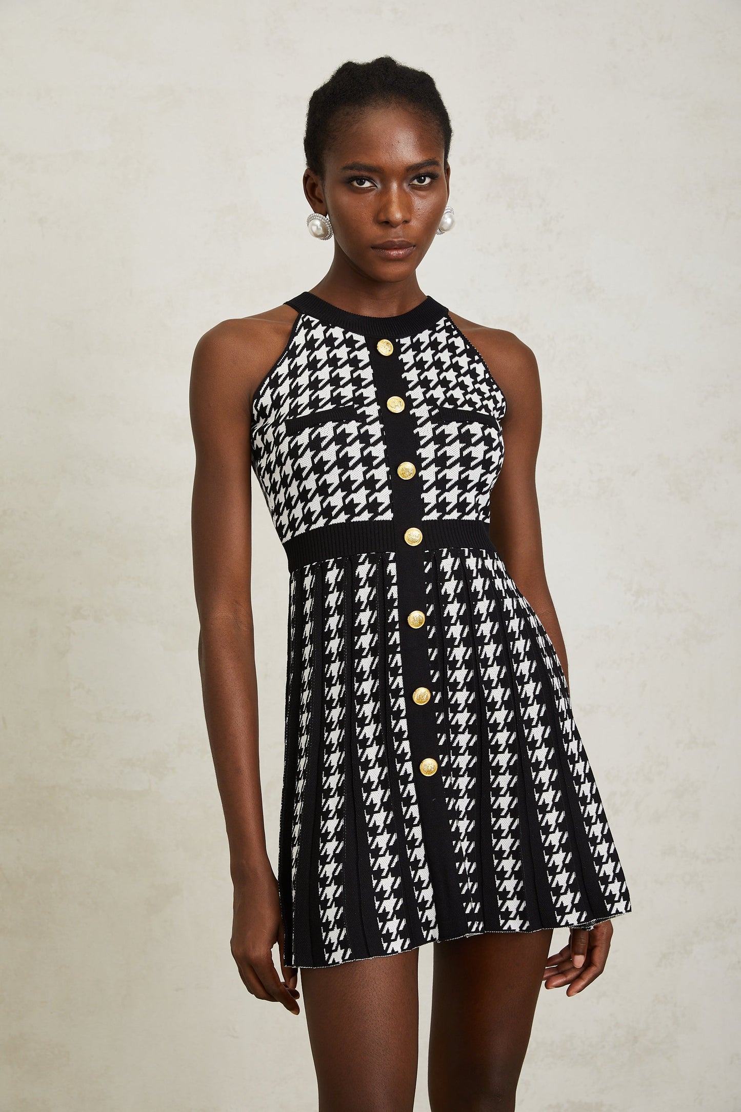 Jacqueline Black Houndstooth Crochet Knit Mini Dress