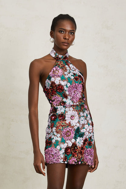 Clara Purple Sequined Floral Embroidered Mini Dress