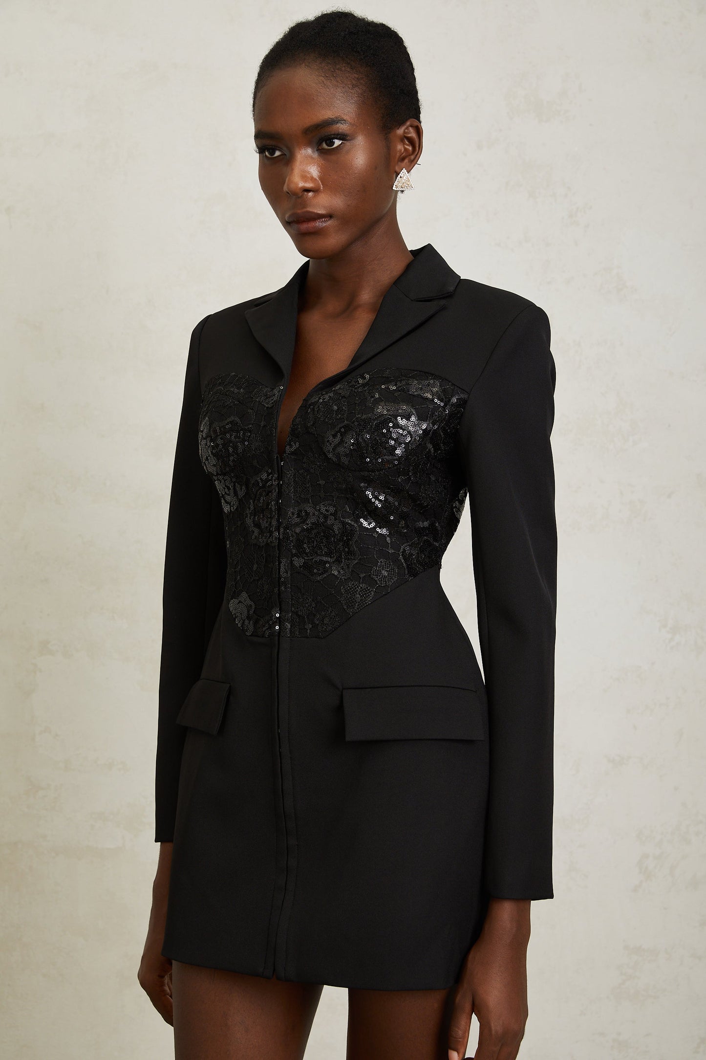 Jacinta Black Lace Panel Mini Blazer Dress