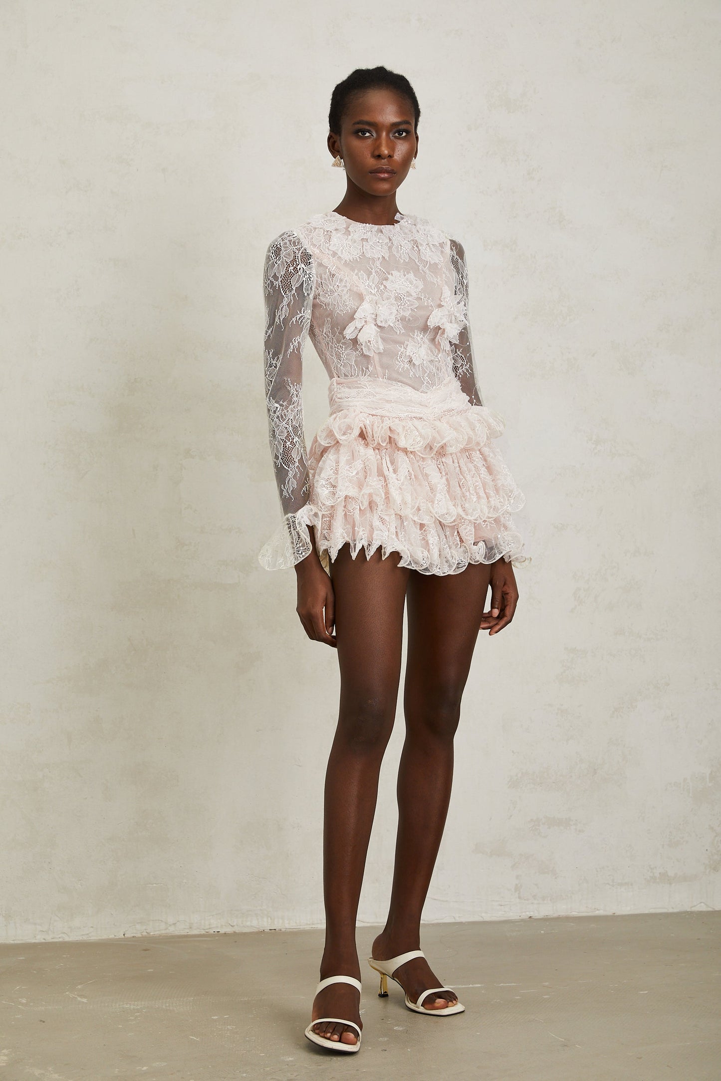 Baptistine White Floral Lace Tiered Mini Dress