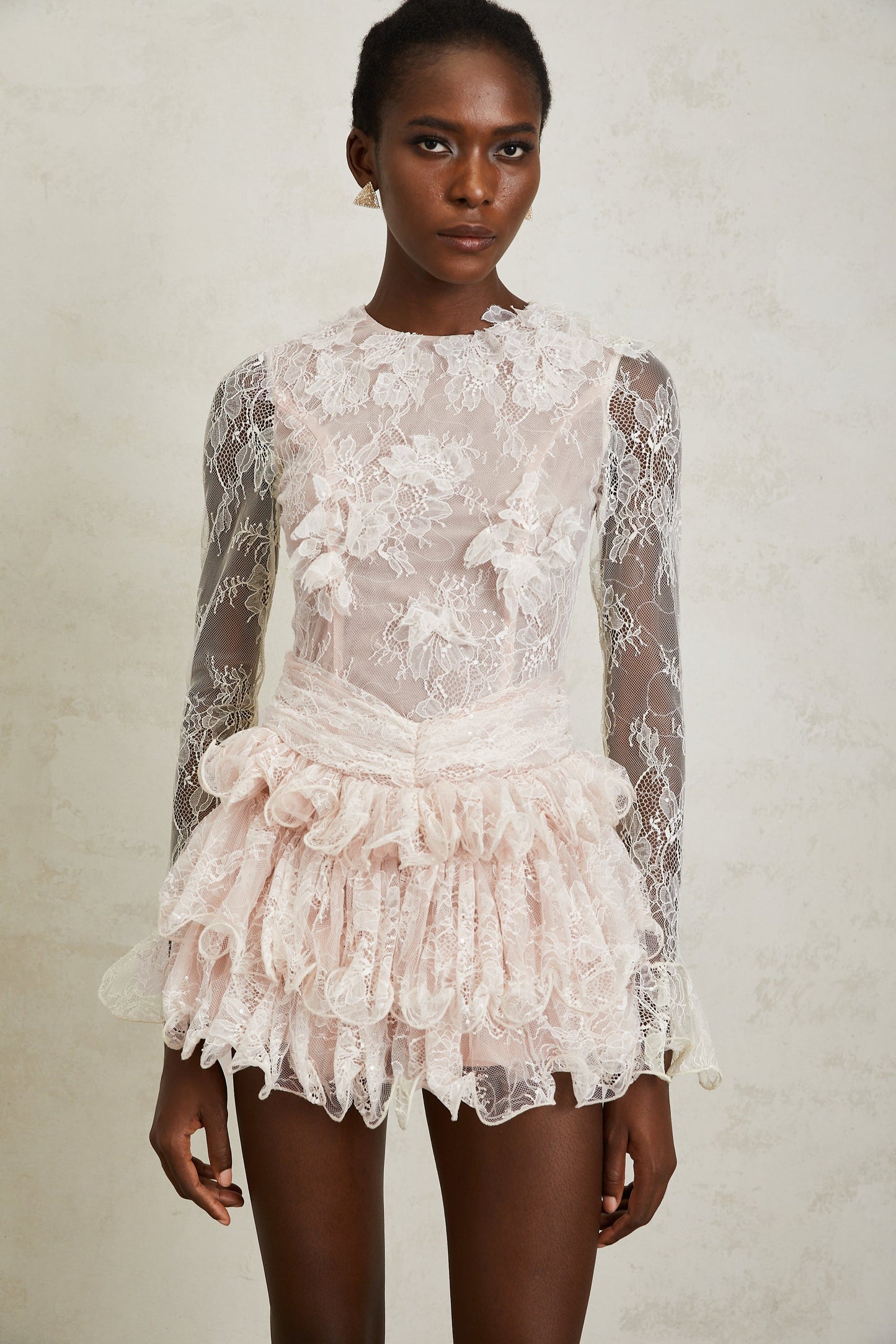 Baptistine White Floral Lace Tiered Mini Dress