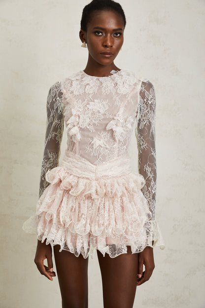 Baptistine White Floral Lace Tiered Mini Dress