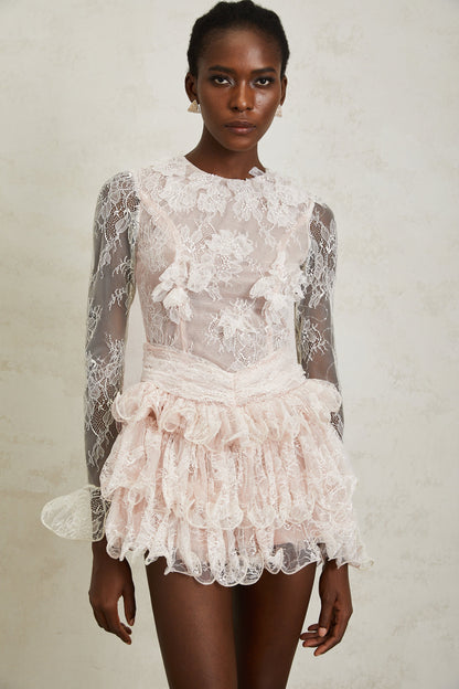 Baptistine White Floral Lace Tiered Mini Dress