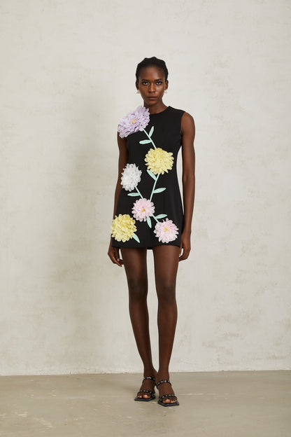 Véronique Black 3D Petal Sleeveless Mini Dress