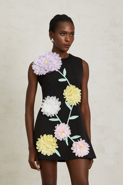 Véronique Black 3D Petal Sleeveless Mini Dress