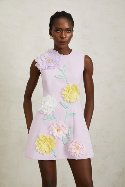 Véronique Purple 3D Petal Sleeveless Mini Dress