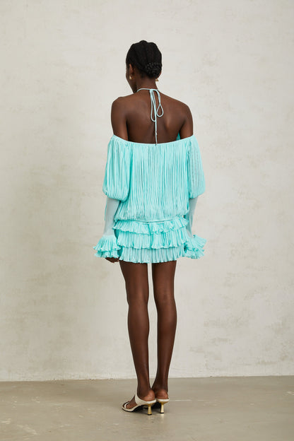 Gisèle Blue Off Shoulder Pleated Mini Dress