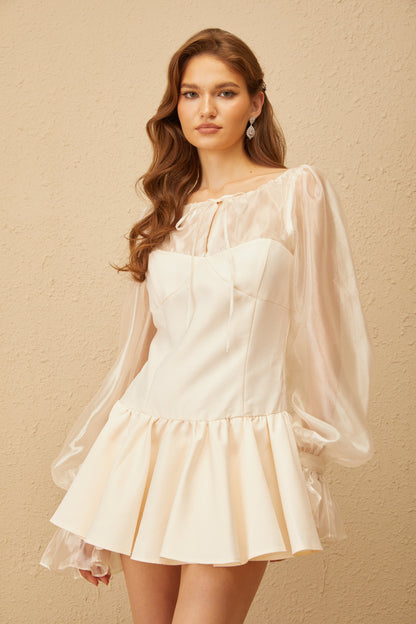 Irène Neutral Self Tie Organza Panel Mini Dress