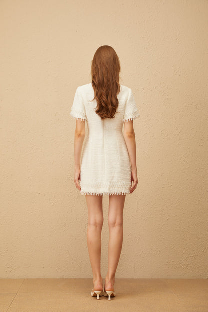 Zephyrine White Fringed Tweed Mini Dress