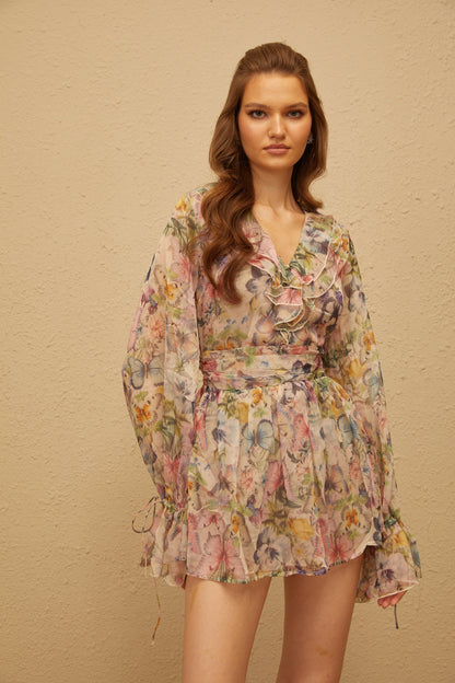 Juliette Pink Butterfly Print Chiffon Mini Dress
