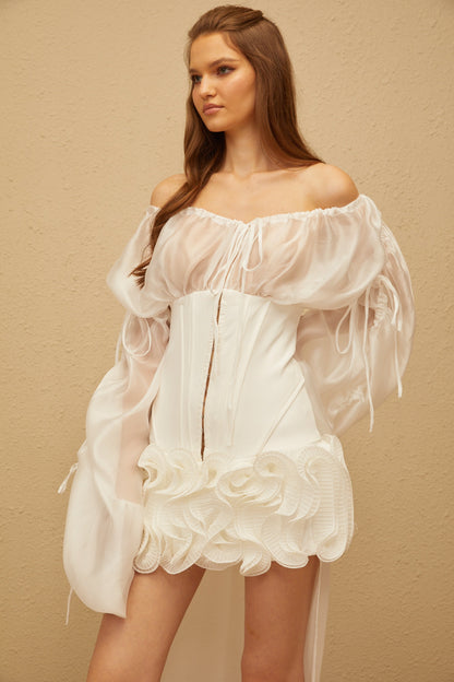 Léonie White Train Ruffled Corset Mini Dress
