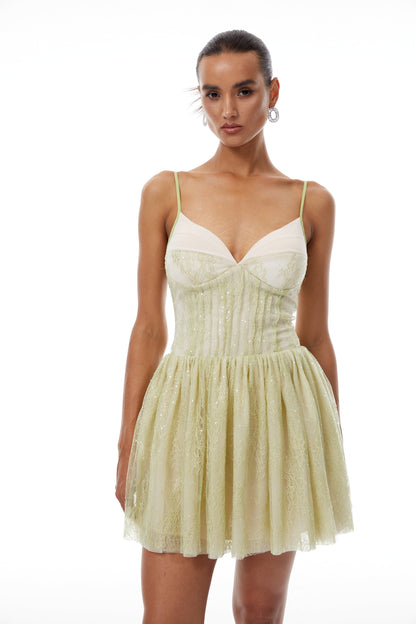 Lilou Green Sequined Floral Lace Mini Dress