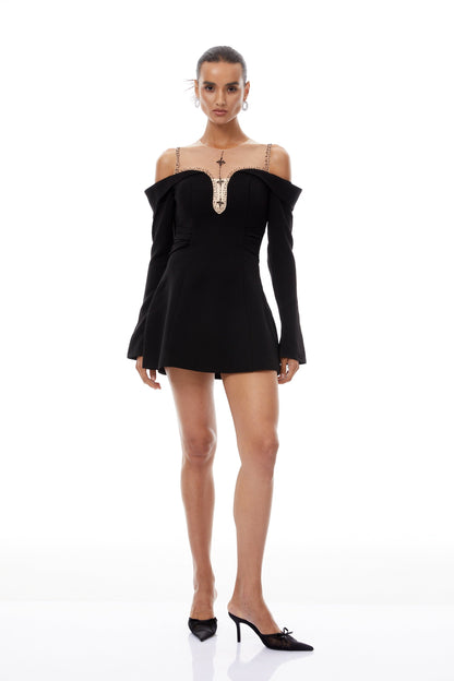Abrielle Black Cold Shoulder A-line Mini Dress