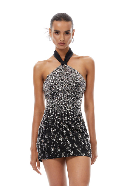 Olga Black Halterneck Embellished Tulle Mini Dress