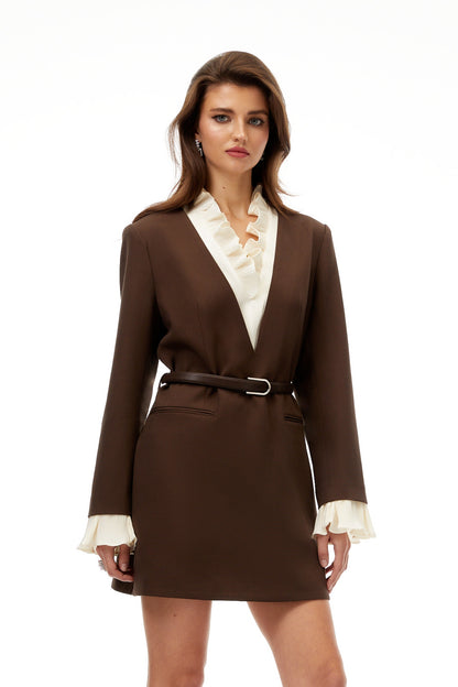 Agata Brown Ruffled Trim Mini Blazer Dress