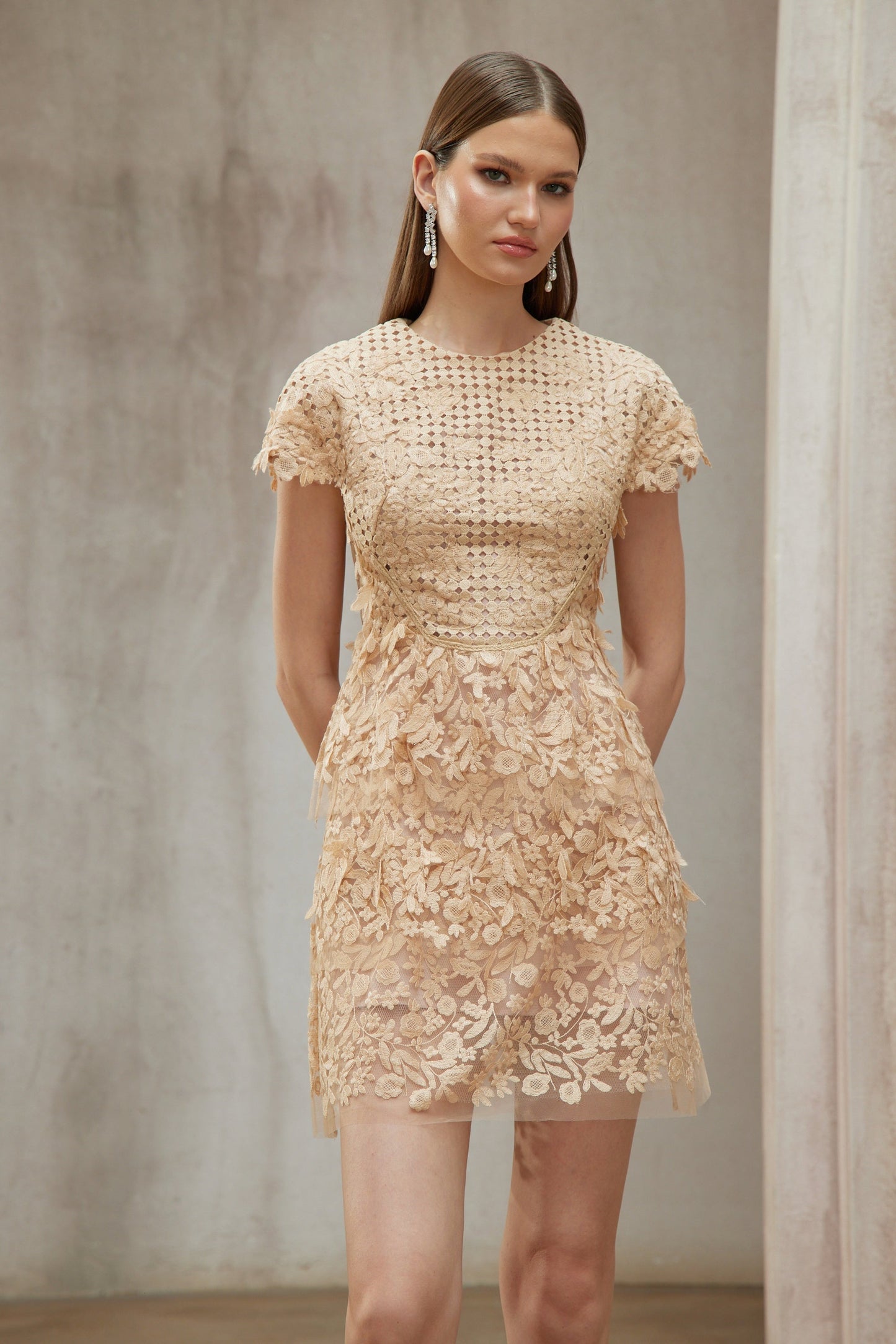 Déotille Neutral Floral Embroidered Tulle Mini Dress