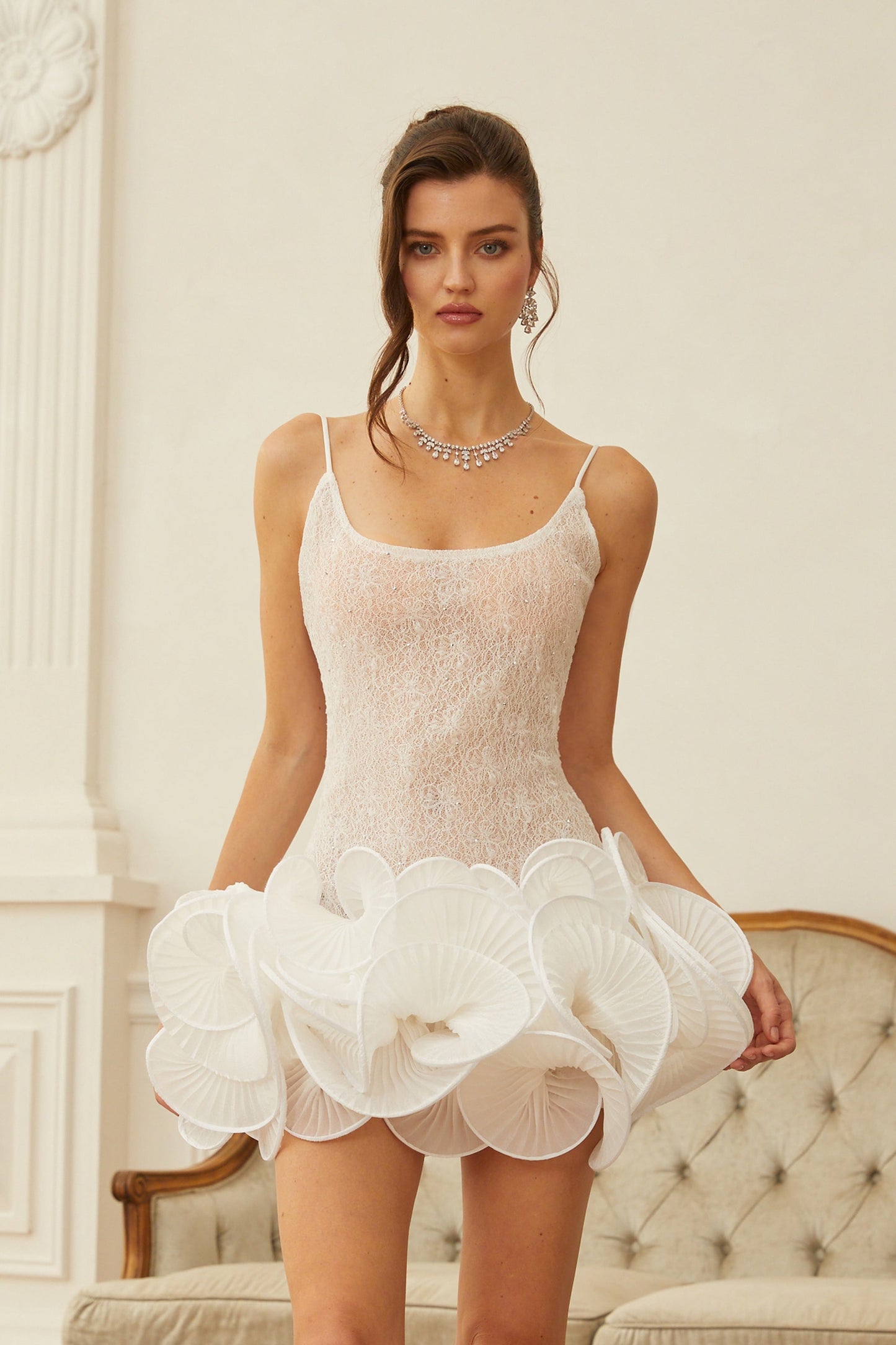 Kaelin White Petal Hem Lace Mini Dress