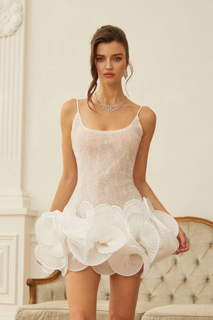 Kaelin White Petal Hem Lace Mini Dress