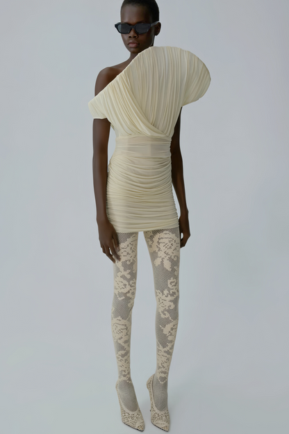 Felicia Cream White Asymmetrical Ruched Mini Dress