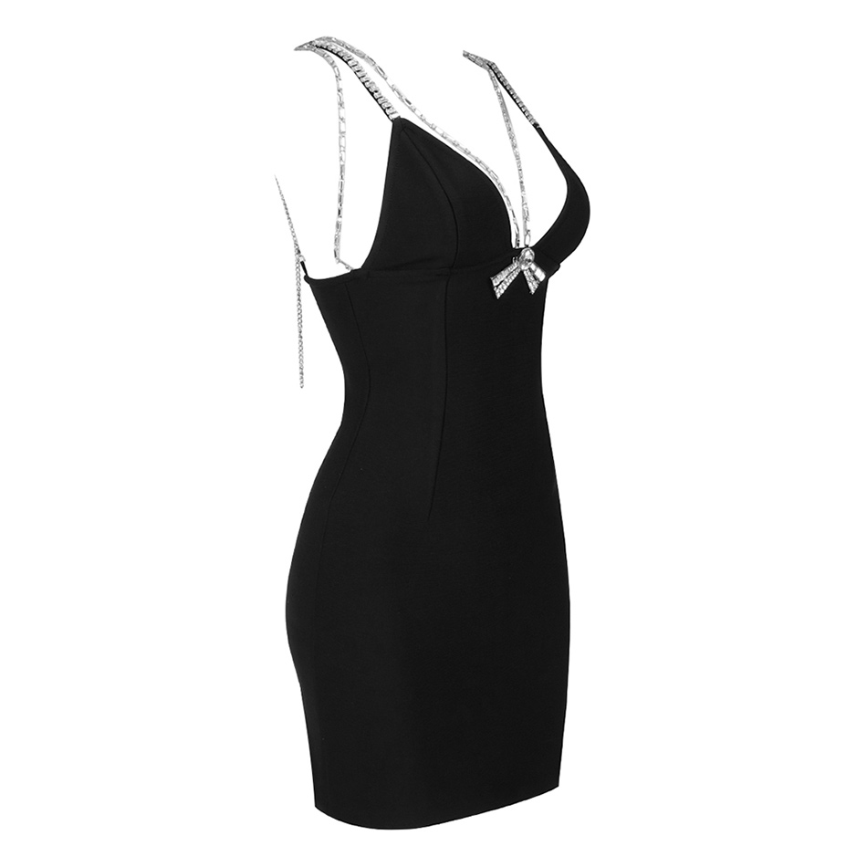 Black Crystal Bow V Neck Mini Dresses