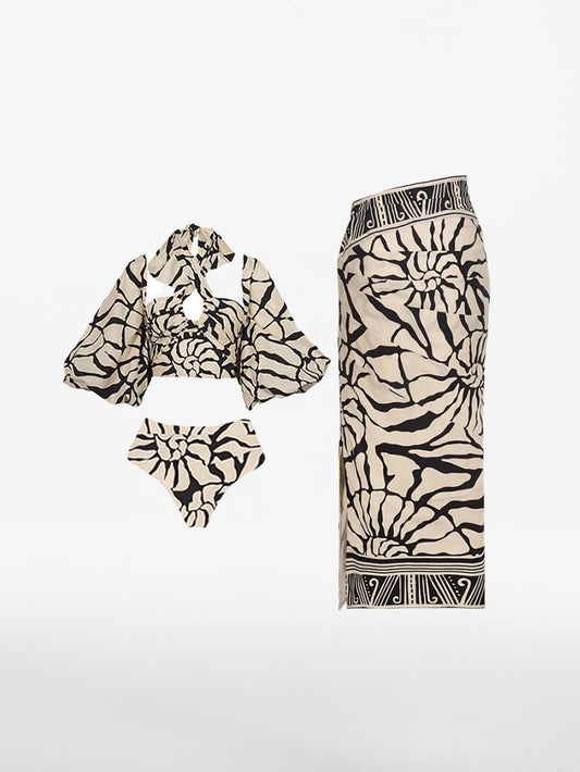 Elegant Halterneck Print Swimsuit & Skirt Set