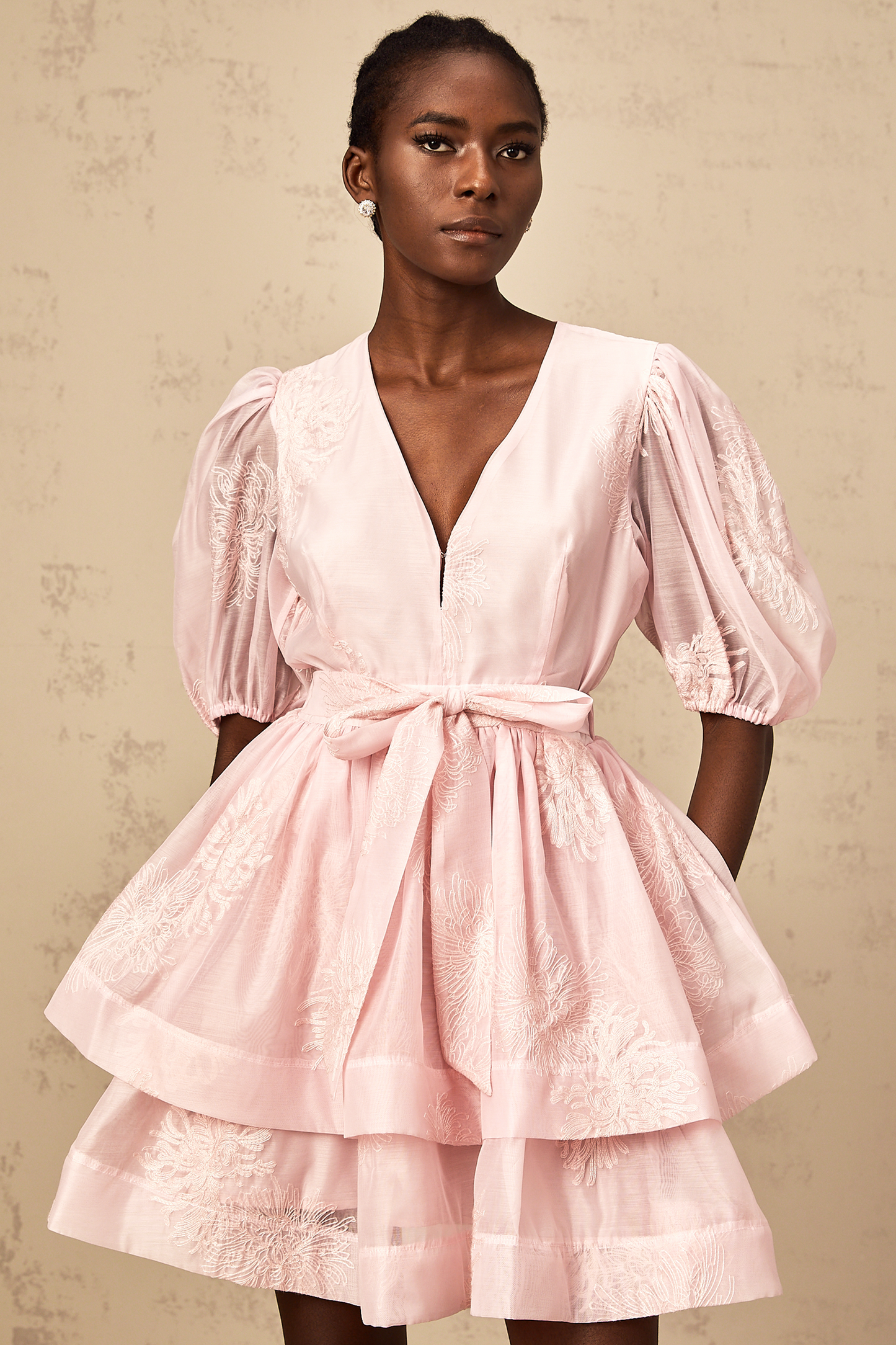 Florence pink floral-embroidered layered mini dress