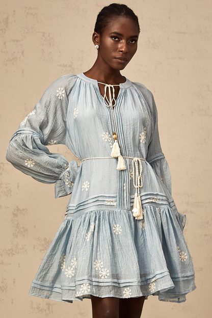Félicie blue flower-embroidered mini dress