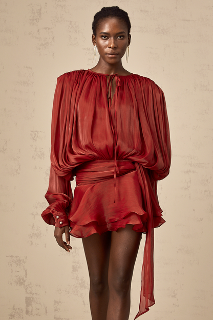 Eugénie Red Fully Pleated Ruffled Mini Dress