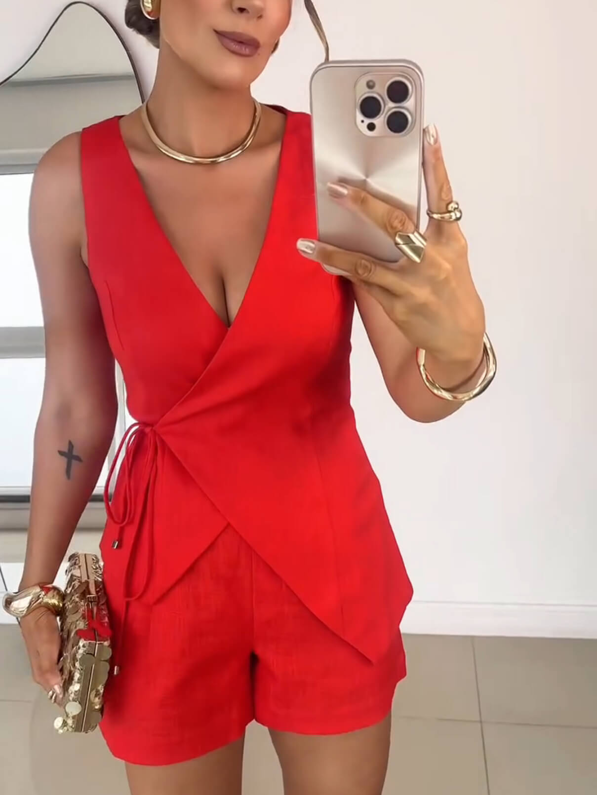 V-Neck Sleeveless Crossover Linen 2-Piece Set