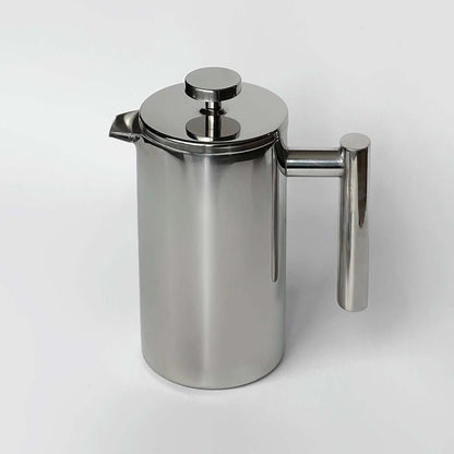 Stainless steel French press coffee pot with double-layer insulation and mirror finish.