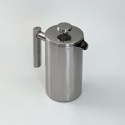 Stainless steel French press coffee pot with double-layer insulation and mirror finish for optimal heat retention.