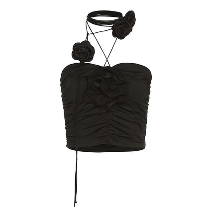 Black Flower Necklace Lace Up Sleeveless Halter Tank Top