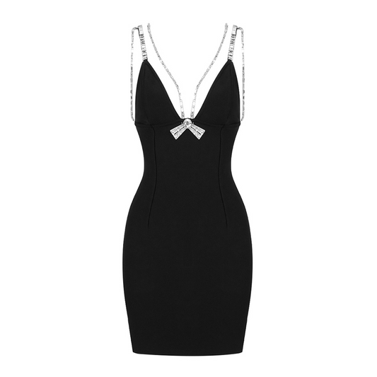 Black Crystal Bow V Neck Mini Dresses
