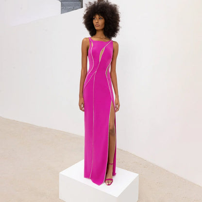 Pink Cut Out Diamonds Split Maxi Bandage Dress