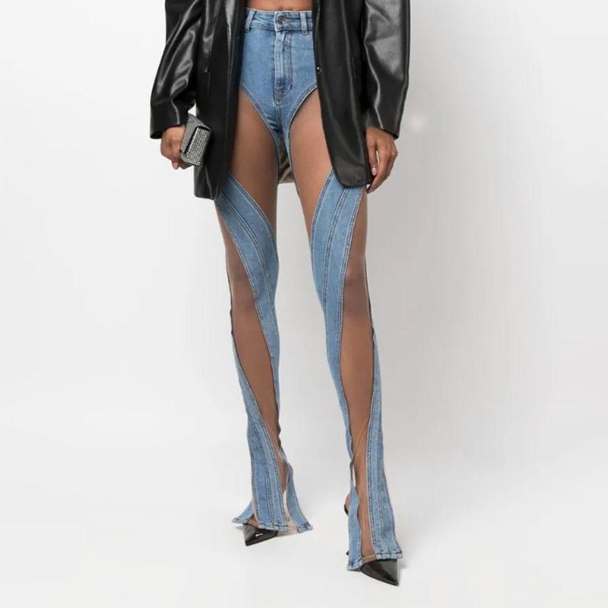 Denim Patchwork Mesh and Blue High Waist Slit Slim Jeans
