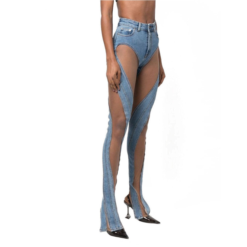 Denim Patchwork Mesh and Blue High Waist Slit Slim Jeans