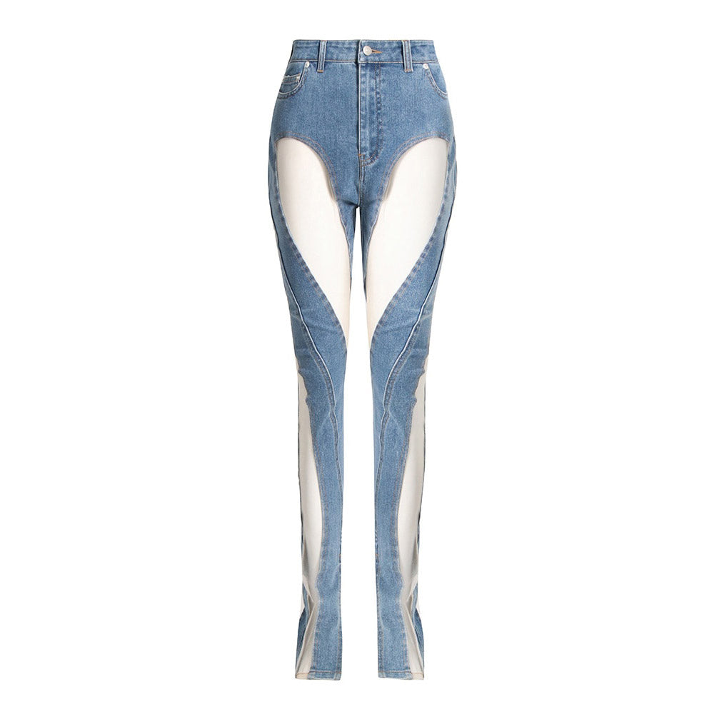 Denim Patchwork Mesh and Blue High Waist Slit Slim Jeans
