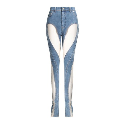 Denim Patchwork Mesh and Blue High Waist Slit Slim Jeans