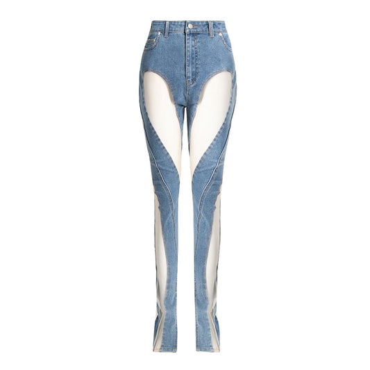 Denim Patchwork Mesh and Blue High Waist Slit Slim Jeans
