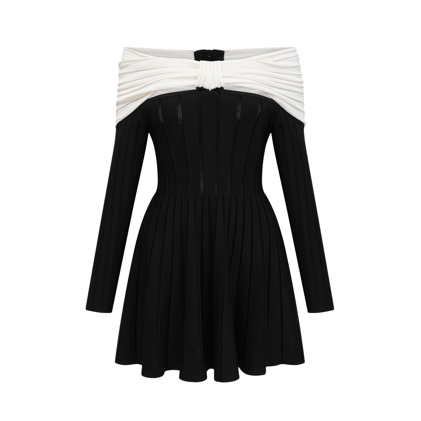 Justine black off-shoulder bow knit mini dress