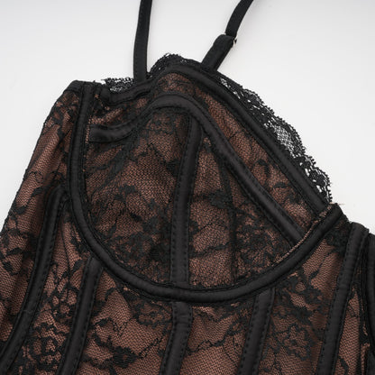 Louise black floral-lace vest & dress matching set